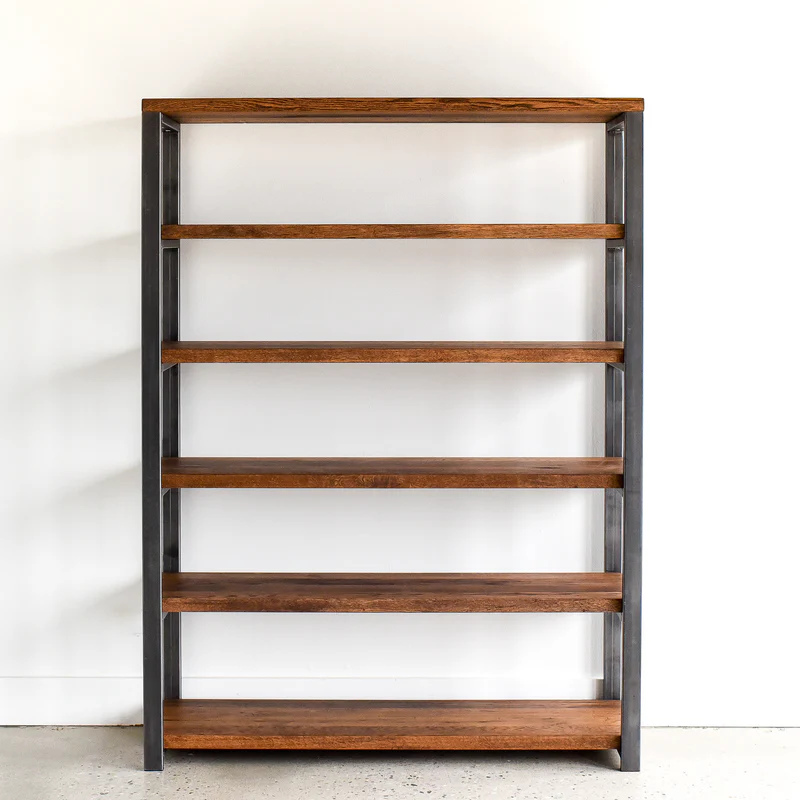 Tall bookshelf with metal frame and wooden shelves