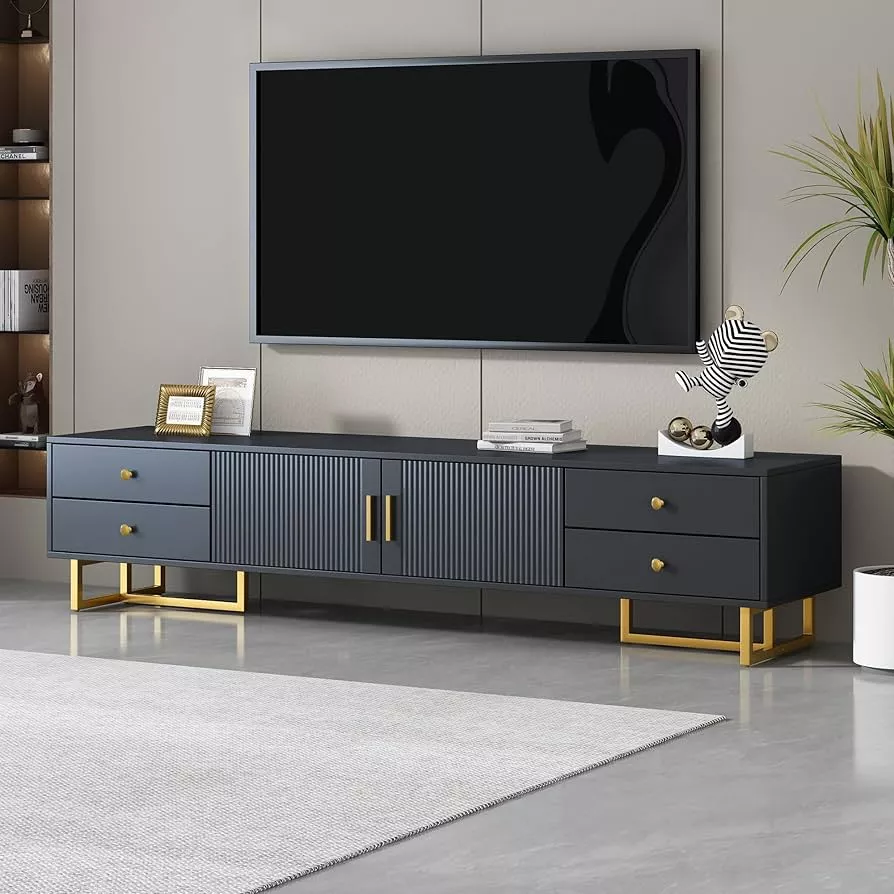 Modern TV stand with drawers and metallic handles